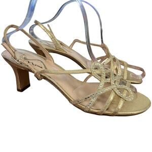 Nina Womens Gold Strappy Slingback Rhinestone Heels Shoes Formal Party sz 9.5
